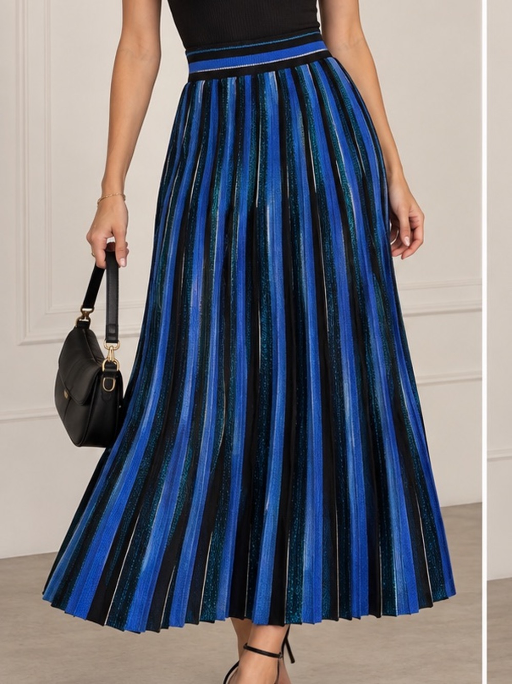 Zara Knit Metallic Striped Pleated Midi Skirt Size M – Blue Black Sparkle